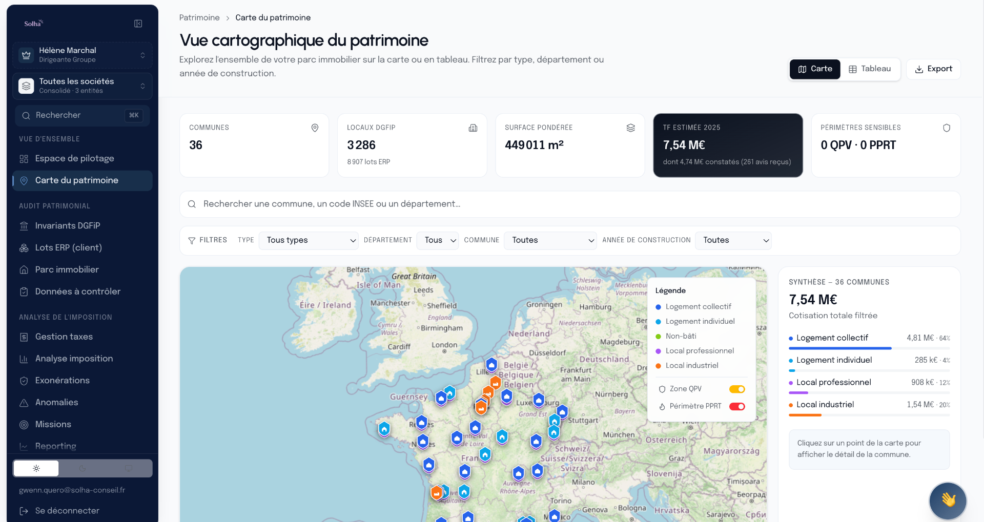 Vue cartographique du patrimoine Solha : localisation des locaux, filtres par type, synthèse des cotisations et économies détectées