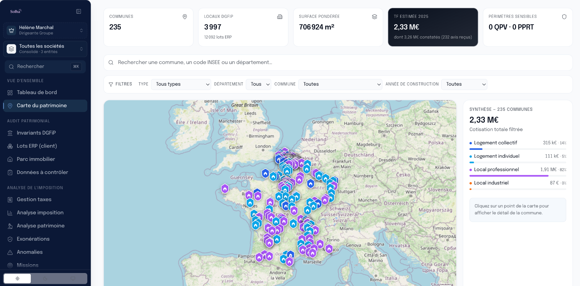 Tableau de bord Solha : indicateurs, cartographie, alertes et analyse fiscale